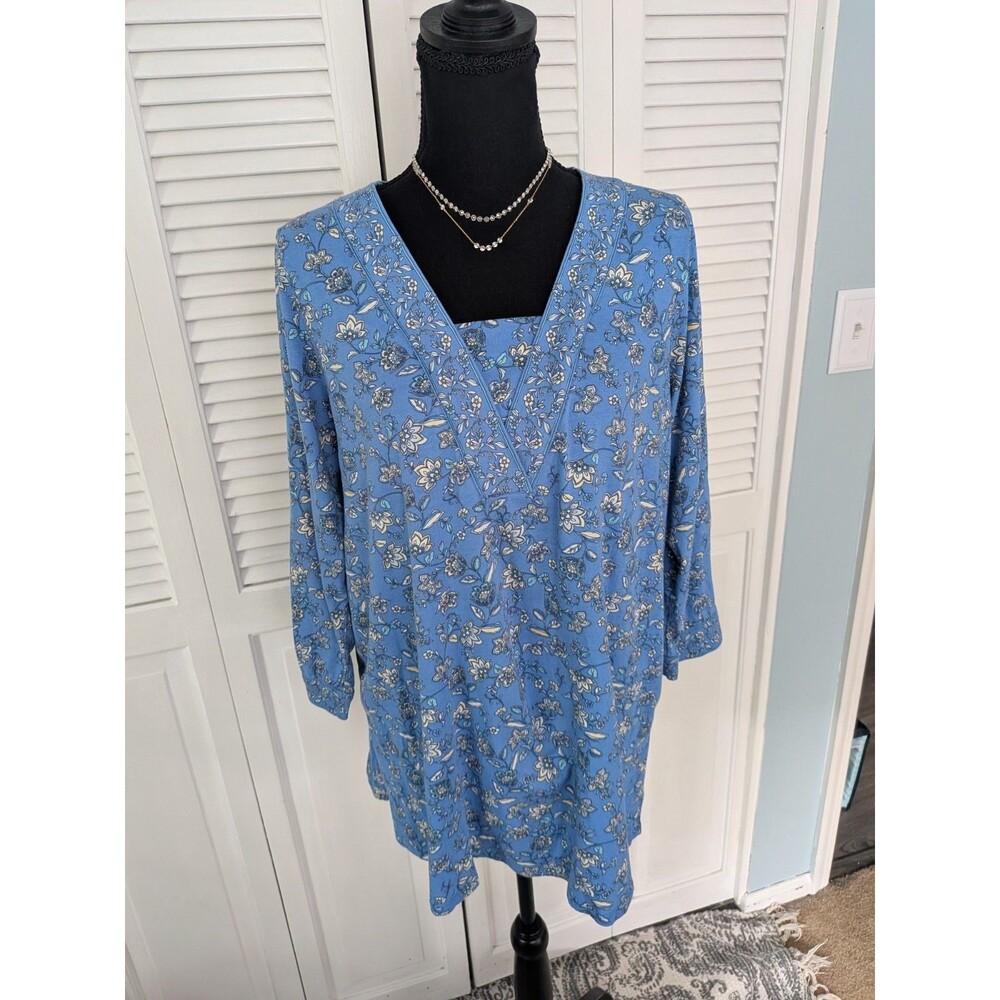 J. Jill Top Womens M Blue Floral Tencel Cotton V Neck Comfy Norm Core Tunic Soft